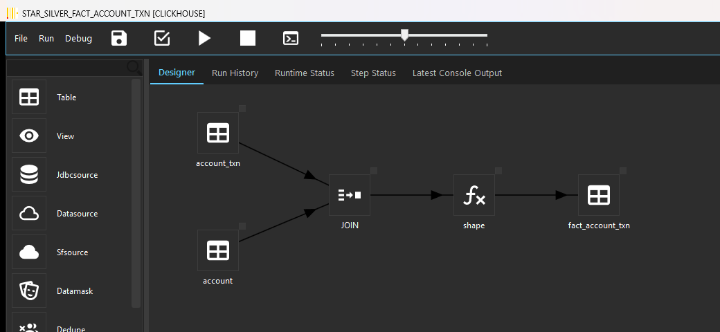 Designer canvas of a silver-layer fact job: two source tables joined, shaped, and written to the account-transaction fact