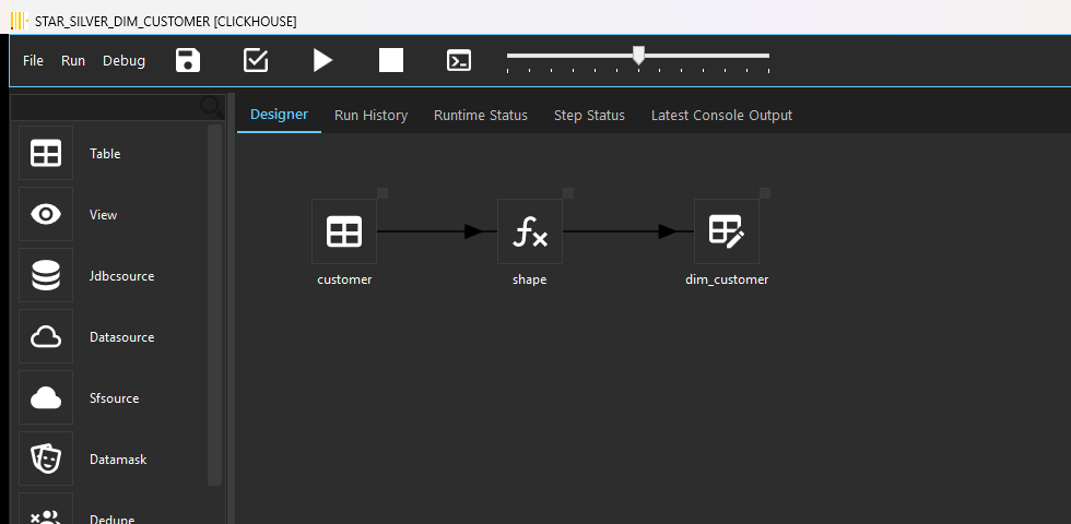 Designer canvas of a Slowly Changing Dimension type 2 job: a source table, a shaping step and the SCD2 dimension step