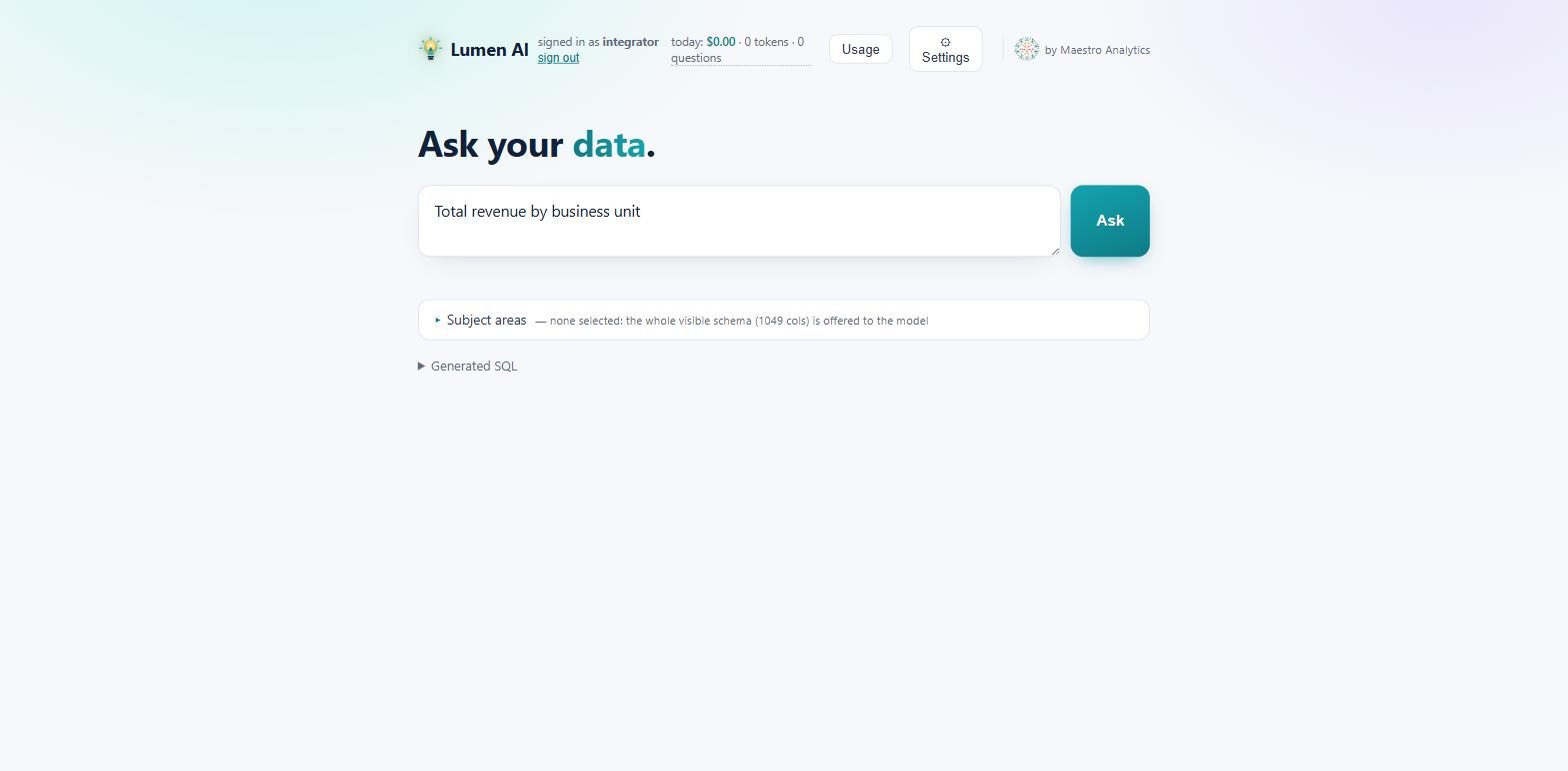 Lumen AI's Ask your data screen with a question typed in and the subject-area scope collapsed