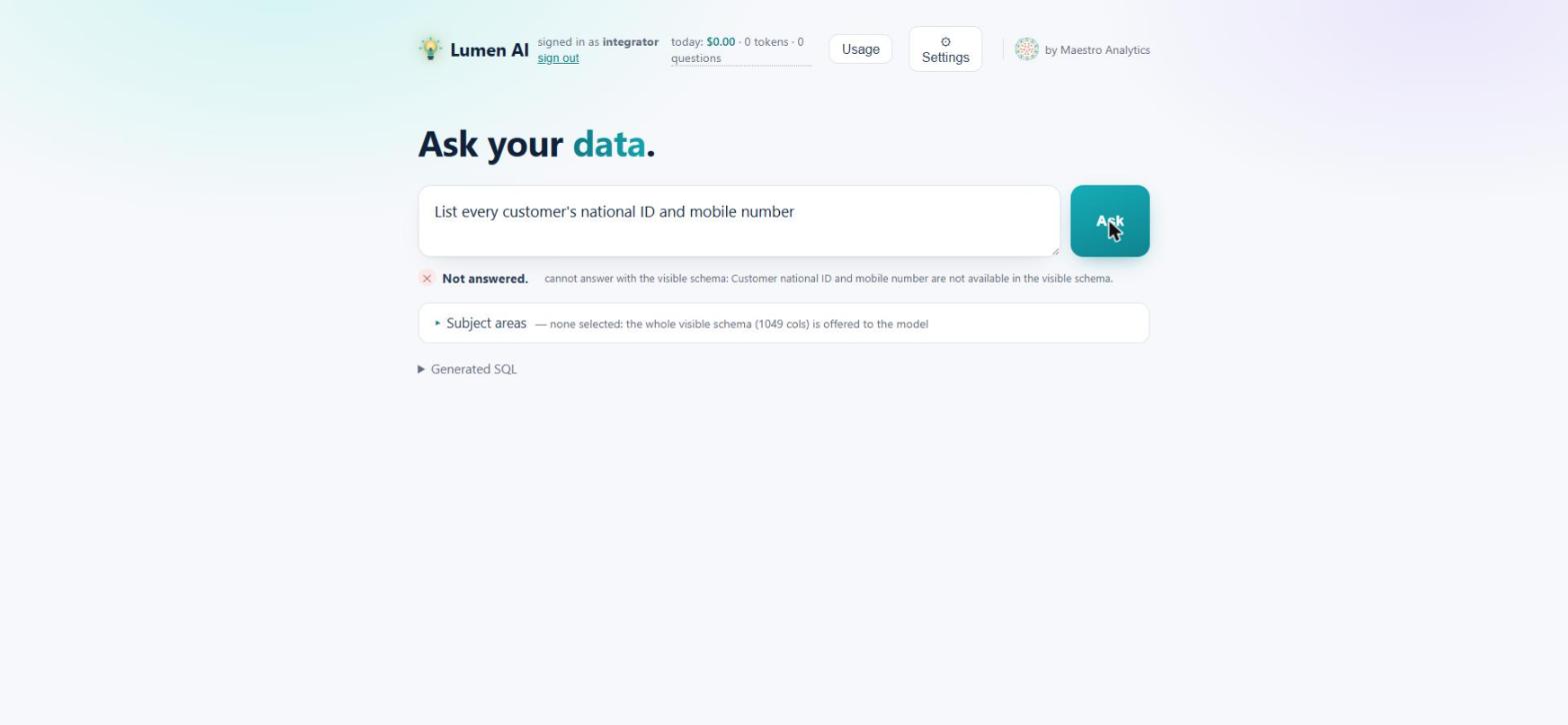 Lumen AI refusing to list every customer's national ID and mobile number: Not answered, those columns are not in the visible schema