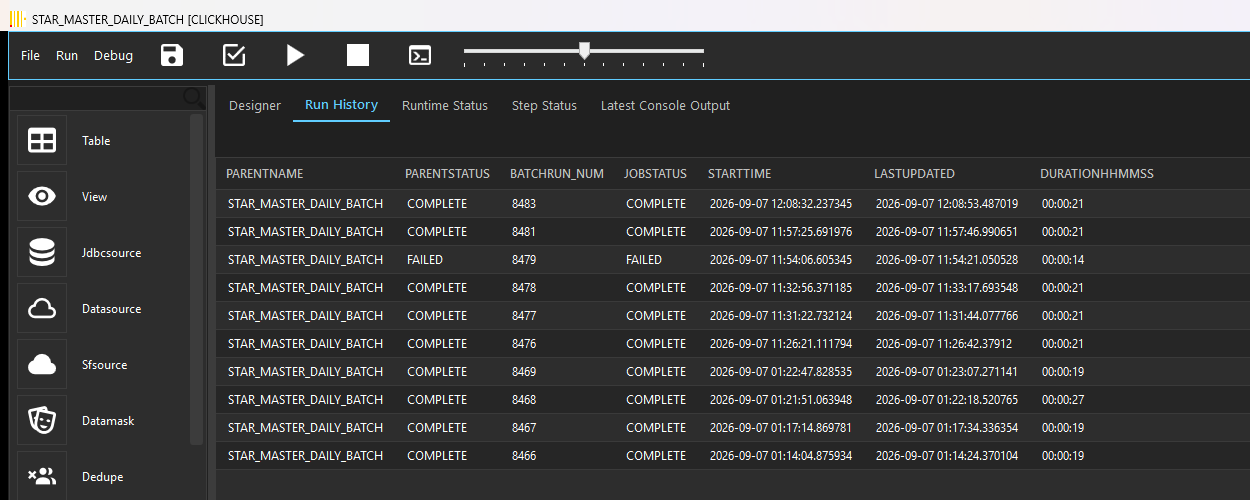 Run History tab listing batch runs with status, run number, start and end times and duration, including one failed run
